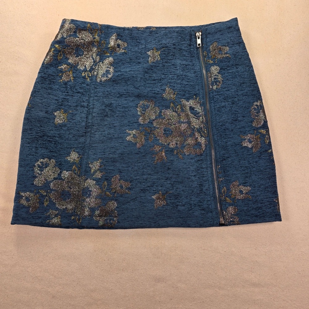 Free People Movin on Teal Blue Metallic Floral Brocade Mini Skirt Side Zip Size4